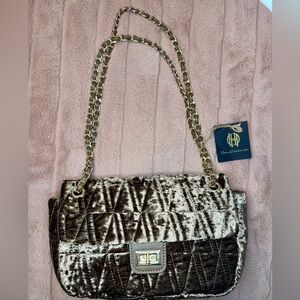 House of Harlow Brown Velvet Handbag with Gold Chain